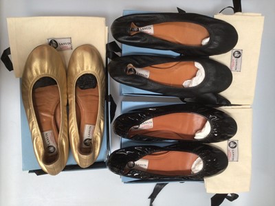 Lot 2085 - Six pairs of Lanvin leather pumps including black, black patent, three gold and pale pink, all boxed, five with soft bags, sizes 40.5 - 42