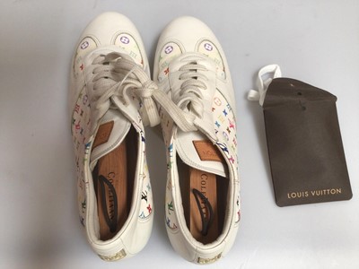 Lot 2086 - Pair of Louis Vuitton white leather multi coloured monogram trainers/ golf shoes, size 7, with spare pair of laces and Cole Haan wooden shoe trees