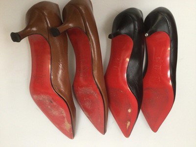 Lot 2094 - Two pairs of Christian Louboutin black and brown leather kitten heels with pointed toes, both size 40½