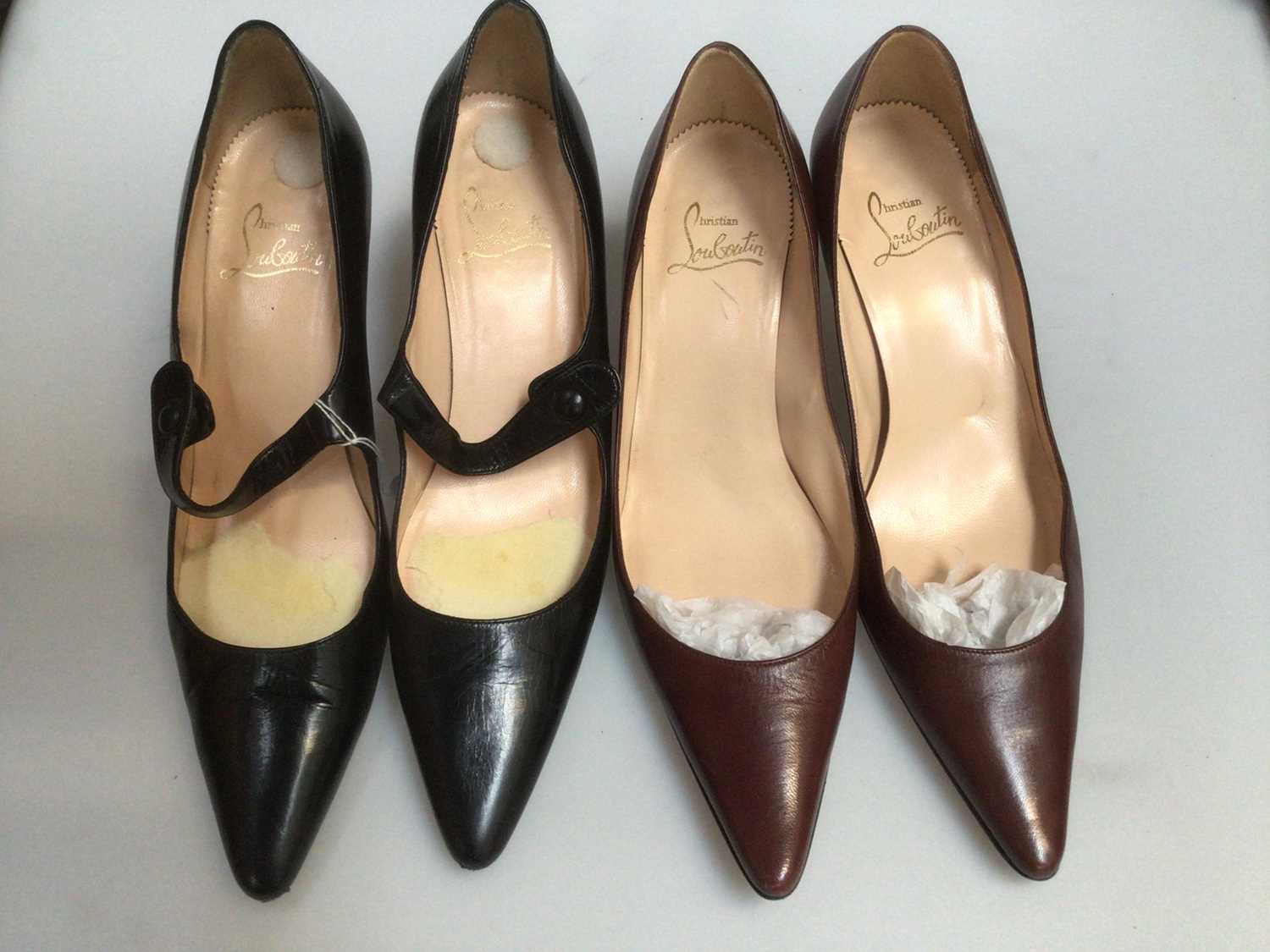 Lot 2095 - Two pairs of Christian Louboutin black and brown leather kitten heels with pointed toes, both size 40