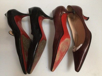 Lot 2095 - Two pairs of Christian Louboutin black and brown leather kitten heels with pointed toes, both size 40