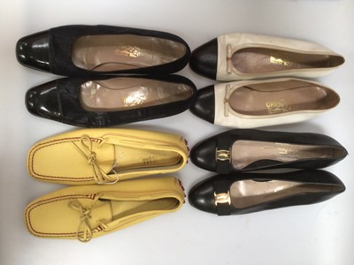 Lot 2100 - Ten pairs of women's flat shoes including a pair of vintage Church's black painted shoes embroidered crown detail, size 40, two pairs of Tod's, one pair orange suede, size 41 and yellow leather, si...