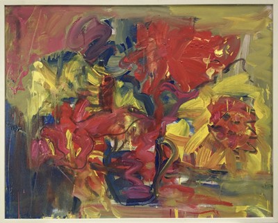 Lot 77 - Annelise Firth (b.1961) oil on canvas - Still Life, yellow and red flowers in a blue jug, signed and dated 2023, 60cm x 75cm, framed