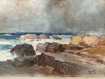 Lot 397 - Continental school, mid 20th century, watercolour and bodycolour, Coastal landscape, signed Pjerotic, 62 x 93cm, glazed frame