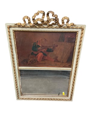 Lot 208 - Antique Continental painted and gilt mirror, with ribbon cresting and inset lithographic ornament of a monkey violinist, 63 x 43cm