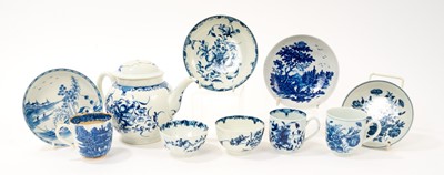 Lot 71 - Group of 18th century Worcester blue and white porcelain, including a Mansfield pattern trio and teapot, a Hollow Rock Lily fluted tea bowl, printed European Landscape saucer, etc (10)