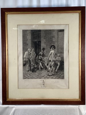 Lot 92 - Jules Jacquet, French, 1841-1913. Etching, 1887. Dragoon-Cavalry Soldier Cuirassier-The Sergeants Portrait. Signed in pencil lower right. After E. Meissonier, 1878. In a large period oak frame with...