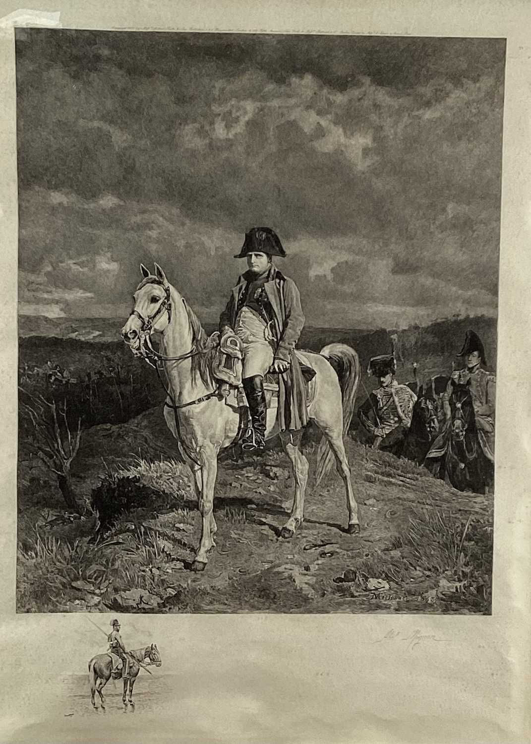 Lot 808 - Jules Jacquet, French, 1841-1913. Etching, 1887. Dragoon-Cavalry Soldier Cuirassier-The Sergeants Portrait. Signed in pencil lower right. After E. Meissonier, 1878. In a large period oak frame with...