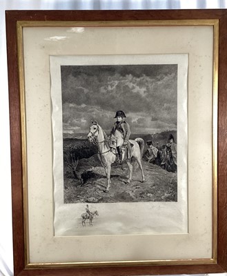 Lot 808 - Jules Jacquet, French, 1841-1913. Etching, 1887. Dragoon-Cavalry Soldier Cuirassier-The Sergeants Portrait. Signed in pencil lower right. After E. Meissonier, 1878. In a large period oak frame with...