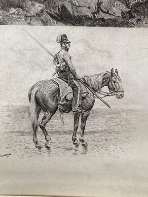 Lot 808 - Jules Jacquet, French, 1841-1913. Etching, 1887. Dragoon-Cavalry Soldier Cuirassier-The Sergeants Portrait. Signed in pencil lower right. After E. Meissonier, 1878. In a large period oak frame with...