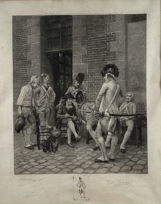 Lot 808 - Jules Jacquet, French, 1841-1913. Etching, 1887. Dragoon-Cavalry Soldier Cuirassier-The Sergeants Portrait. Signed in pencil lower right. After E. Meissonier, 1878. In a large period oak frame with...