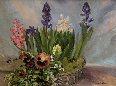 Lot 68 - Alexandra Meynell, Contemporary British School. Oil on board, still life study of a basket of flowers. Overall including frame 43x54cm.