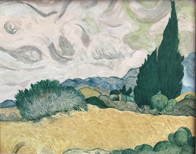 Lot 77 - After Vincent Van Gogh, 20th century oil on board after “Wheatfeild with Cypresses”. Overall including frame 47.5x57cm.