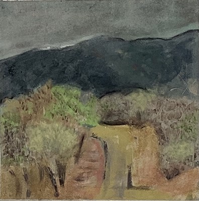 Lot 74 - Sue Rowling, Contemporary School. Watercolour on paper, “Mountain Pass”. Signed and titled to margin.Overall including box frame 50x50cm.