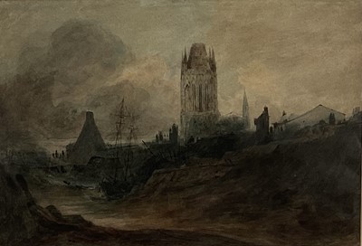 Lot 307 - 19th century watercolour on paper, a moody harbour scene with boats and Cathedral. Signed with initials “P.A.”. Overall including frame 55x71cm.