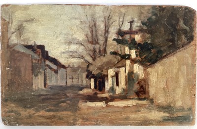 Lot 89 - 19th century plein air impressionist oil on panel, street scene with trees, inscribed and dated ’97 verso. 14x22.5cm.