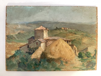 Lot 87 - 19th century plein air impressionist oil on board, continental landscape with haystack and villa. 19x27cm.