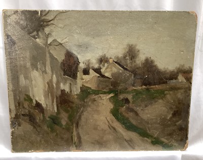 Lot 277 - Joseph Paul Meslé, 1855-1929. 19th century or early 20th century plein air impressionist oil on board, village scene with houses and trees, signed lower left and verso. 27x35cm.