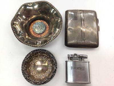 Lot 1024 - Silver cigarette case, silver salt, plated coin dish and a Ronson lighter