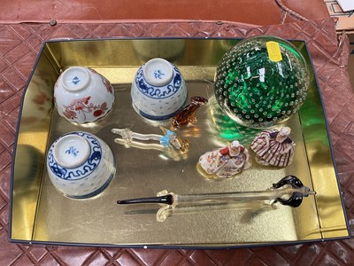 Lot 849 - 18th century Chinese enamelled porcelain tea bowl, two other Chinese tea bowls, two miniature Dresden figures, glass animals and a paperweight