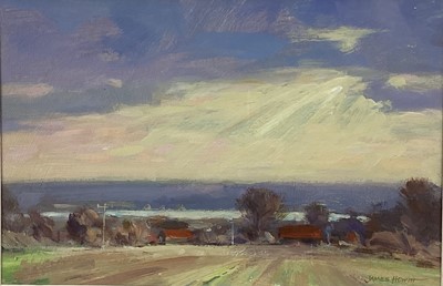 Lot 168 - James Hewitt (b. 1934) oil on card - 'November Landscape', signed, titled verso, 28cm x 18cm, mounted in glazed frame (44cm x 34cm overall)