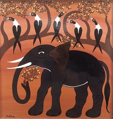 Lot 273 - M Saidi (20th century) oil on board, elephants and birds, signed, 58 x 61cm framed