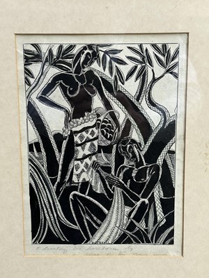 Lot 279 - Beryl Antonia Botterill Yeoman (1907-1970) pen and ink, figures beside the sea, indistinctly titled 25 x 18cm, glazed frame