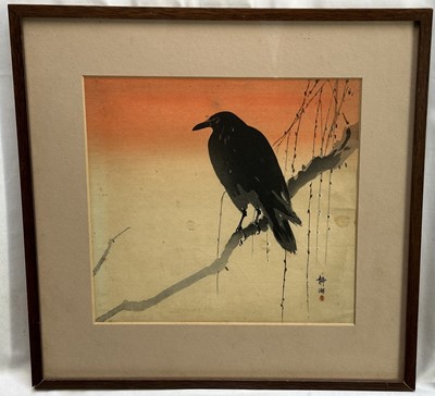 Lot 282 - Okuhara Seiko Japanese woodblock print - Crow on Branch, c. 1930 signed Seiko with seal pub. Sakai & Kawaguchi, 23.5cm x 25cm, in glazed frame