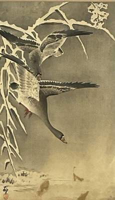 Lot 283 - Ohara Koson Japanese woodblock print - Geese in Snow, signed Koson with seal, 31cm x 18cm, ref K11011 in Crows, Cranes and Camellias, in glazed frame