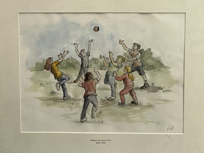 Lot 295 - Manner of Edward Ardizzone (1900-1979) pen and watercolour, ball game, bearing monogram, 27 x 38cm, glazed frame