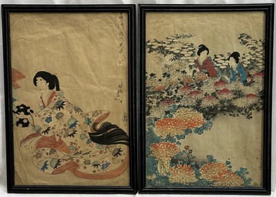 Lot 285 - Toyahara Chikanobu two Japanese woodblock prints - Lady at Chiyoda Palace and Chrysanthemum Garden Ladies of Chiyoda Palace 1895, 35cm x 23.5cm, in glazed frames