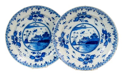 Lot 81 - Pair of 18th century Dutch blue and white delftware dishes, painted in the Chinese style, 35cm diameter