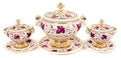 Lot 84 - A good set of Worcester Flight, Barr & Barr tureens and stands, circa 1810, decorated in puce and gilt with vine leaves, printed marks, the larger measuring 30cm wide including handles, the smaller...