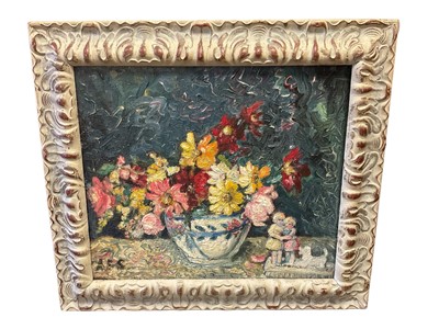 Lot 110 - English School, mid 20th century, impasto oil on canvas, still life of flowers and figurine, signed with initials, 29 x 35cm, carved frame