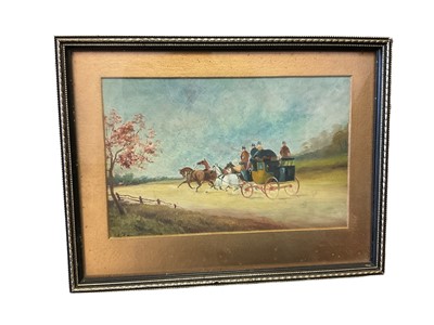 Lot 111 - Manner of Philip Rideout, oil carriage scene, together with a pair of 1920s Thames watercolours and another watercolour. (4)