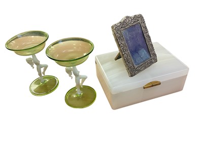 Lot 385 - Onyx cigarette box, together with A miniature silver photo frame and a pair of Art Nouveau glasses