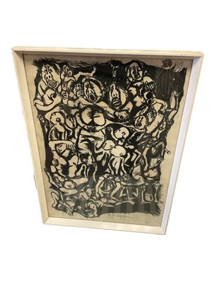 Lot 109 - Charcoal on paper, figural assemblage, indistinctly signed and dated 1969, 41 x 28cm, glazed frame