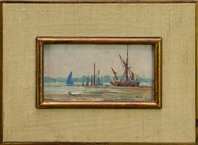 Lot 969 - *Hugh Boycott Brown (1909-1990) oil on board - 'Low Tide, Pin Mill', signed, inscribed verso, 9cm x 16cm, framed