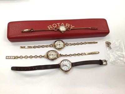 Lot 1000 - Four 9ct gold cased ladies wristwatches, three on 9ct gold bracelets and one on a leather strap