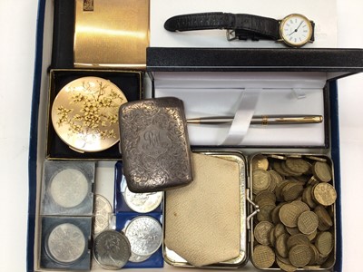 Lot 1005 - Antique silver cigarette case, two vintage Stratton compacts, Parker biro pen in case, a wristwatch and a selection of coins including commemorative crowns and 3d pieces