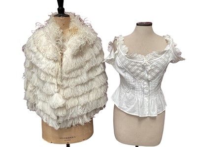 Lot 2121 - Ostrich feather cape with feather tassel ties c 1930's plus a cotton and lace blouse.