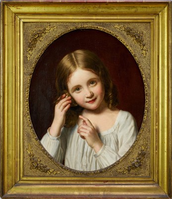 Lot 1064 - Attributed to Alexandre François Caminade (1879-1862) oil on canvas - portrait of a young girl holding a shell to her ear, apparently unsigned, 46cm x 38cm, in gilt frame