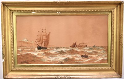 Lot 1092 - Thomas Bush Hardy (1842-1897) watercolour - 'Homeward Bound', shipping off the coast, signed, dated 1880 and inscribed, 37cm x 69cm, in glazed gilt frame