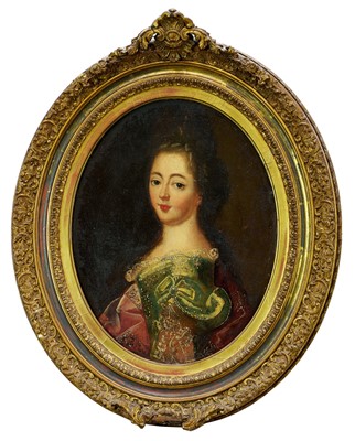 Lot 1053 - Pair of late 18th/early 19th century oval oils on canvas, portraits depicting Louise Francois de Bourbon and another noblewoman, 40cm x 32cm, in oval gilt frames