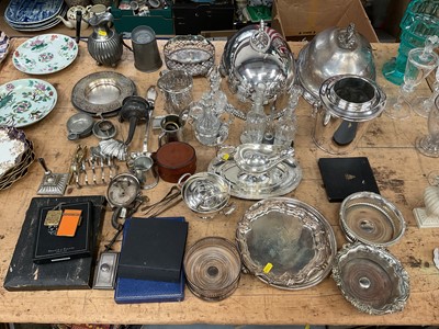 Lot 14 - Collection of antique silver plate and other items, including two meat domes, wine cooler, cruets, bottle coasters, etc