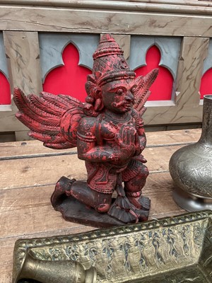 Lot 20 - Group of Eastern items, including Mamluk style brassware, Indian carved and painted wooden deity, etc