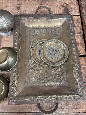 Lot 20 - Group of Eastern items, including Mamluk style brassware, Indian carved and painted wooden deity, etc