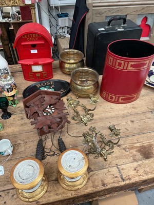 Lot 17 - Sundry items, including a reproduction post box, a cuckoo clock, typewriter, etc