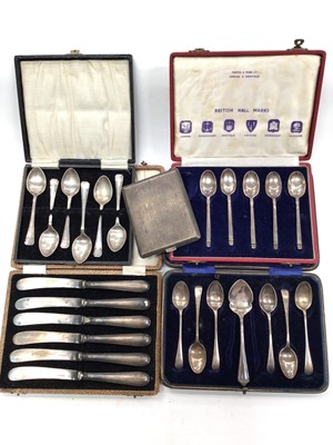 Lot 1090 - Silver cigarette case, cased sets of silver spoons and set of six silver handled butter knives