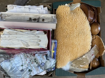 Lot 188 - Vintage lace and embroidered linen and various vintage textiles to include silks scarves and gloves, animal pelts etc